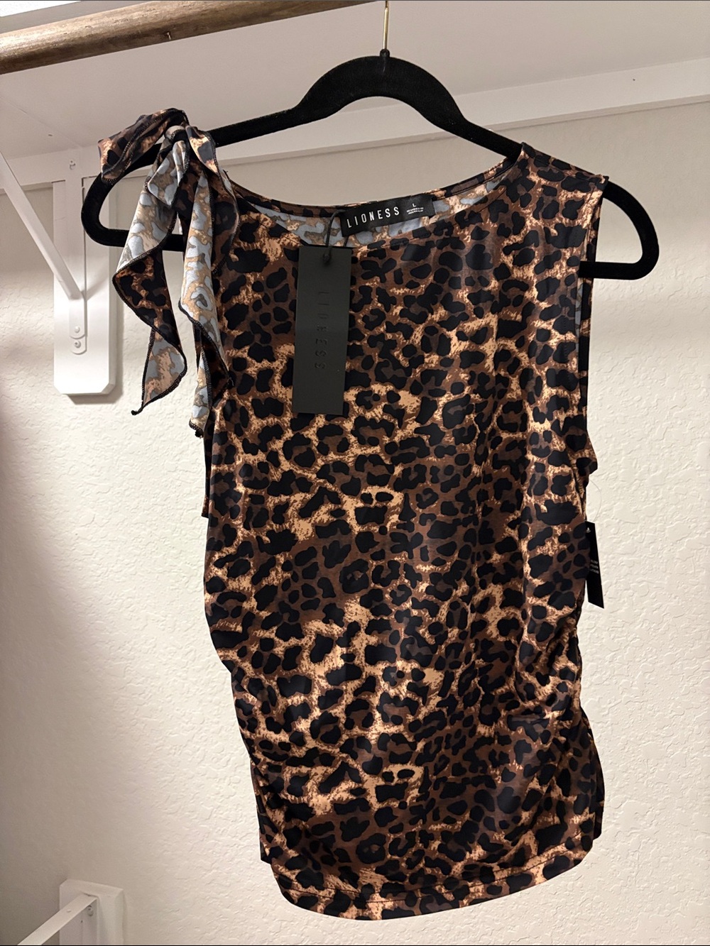 Lioness Leopard Print One-Shoulder Tie Top in Brown and Black